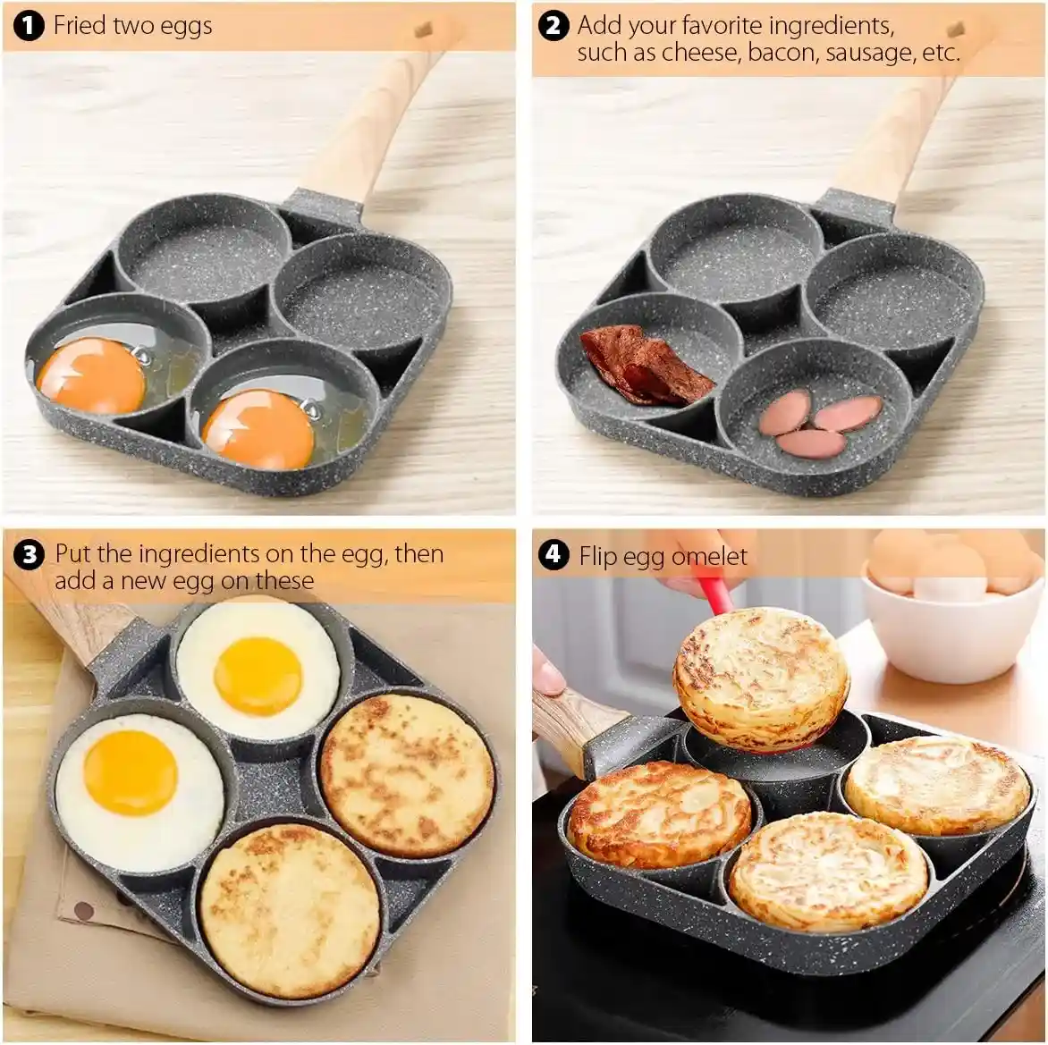 4 Hole Omelet Pan for Burger Egg Ham Pancake Maker Wooden Handle Frying Pan
