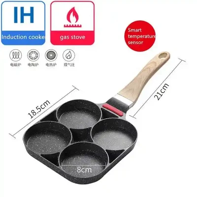 4 Hole Omelet Pan for Burger Egg Ham Pancake Maker Wooden Handle Frying Pan